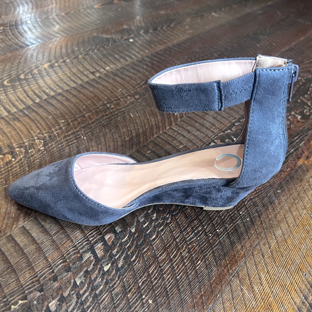 Journey Collection- Kova Grey Ankle Strap Closed Toe Grey Wedge Shoe
